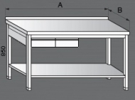 Nerezový pracovní stůl s policí a dvěmi zásuvkami.