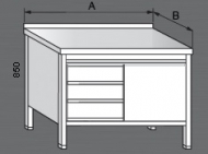 Nerezový pracovní stůl skříňový se zásuvkami a dvířky 1x.