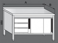 Nerezový pracovní stůl skříňový se zásuvkami a posuvnými dvířky.