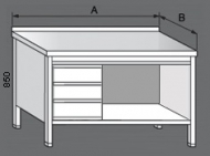 Nerezový pracovní stůl otevřený se zásuvkami