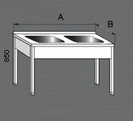 Nerezový mycí stůl s dvěma dřezy. Varianty: 2 - bez police, 2P - s policí, 2R - s roštem.