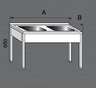 Nerezový mycí stůl prolisovaný se dvěma dřezy. Varianty: 2 - bez police, 2P - s policí, 2R - s roštem.